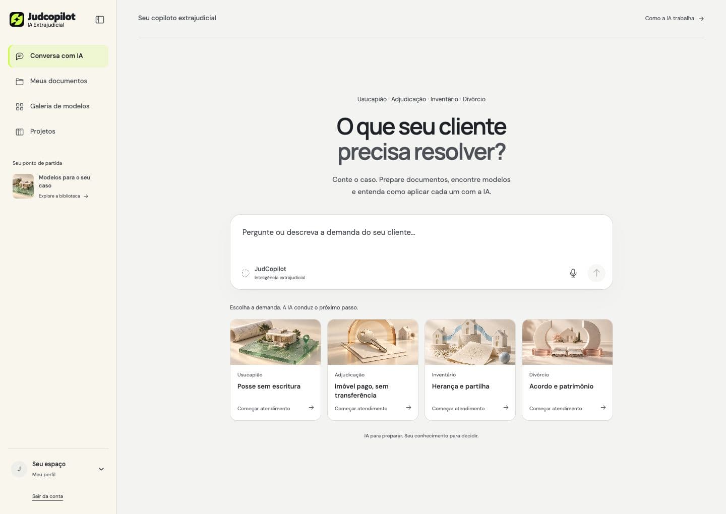 Home real do Judcopilot com chat para usucapião, adjudicação, inventário e divórcio